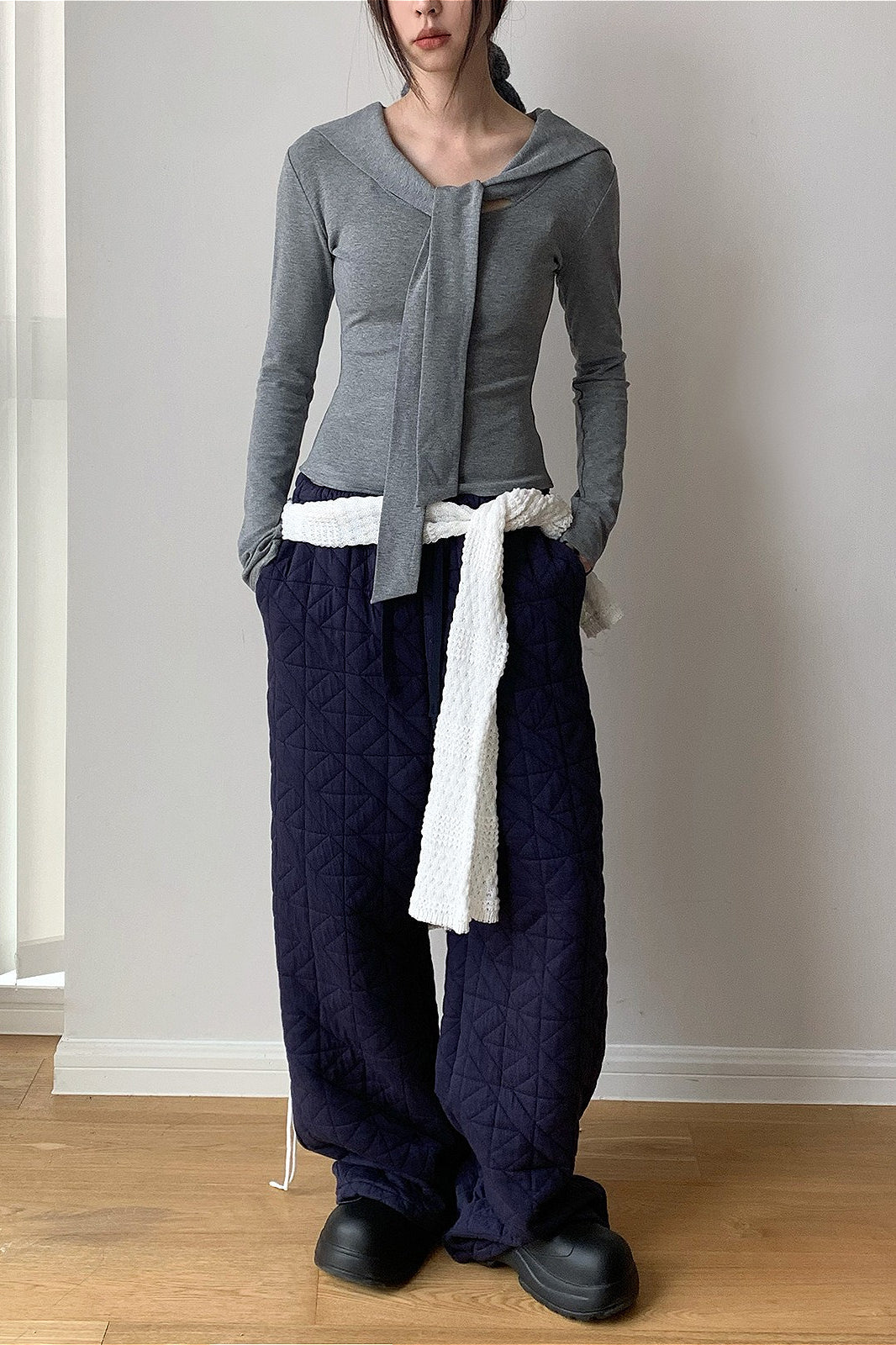 Solid Diamond Quilted Thickened Drawstring Thermal Pants