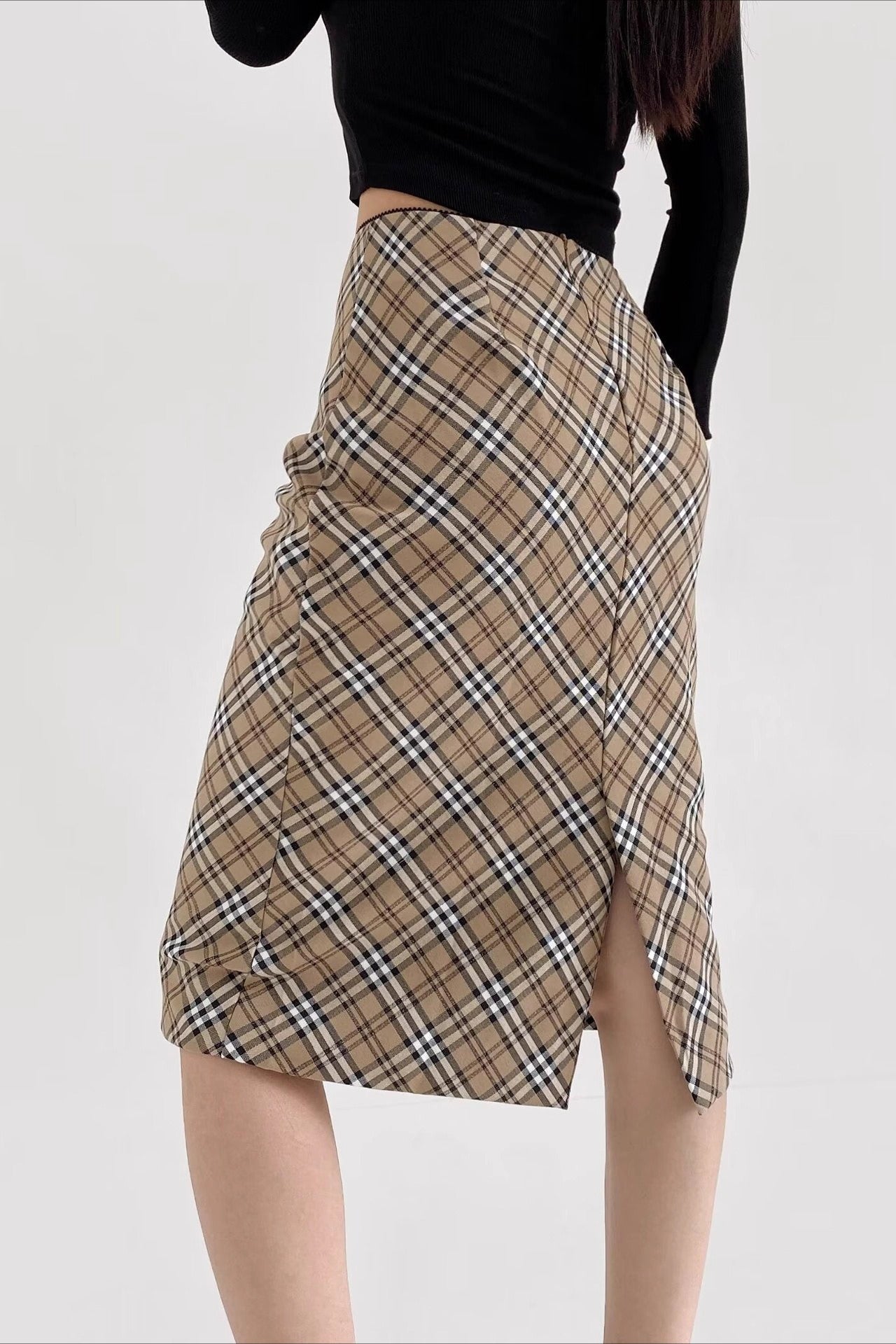 Lace Trimmed Plaid Bodycon Skirt