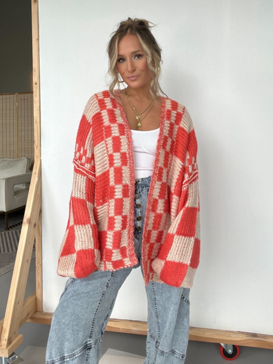 Celia | Checked open front long sleeve cardigan