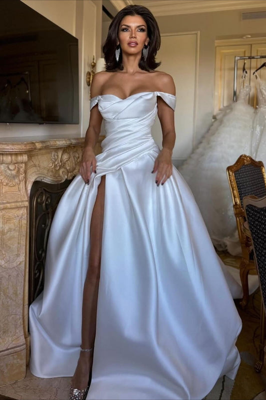 Off Shoulder Satin Ruched High Slit Wedding Dress