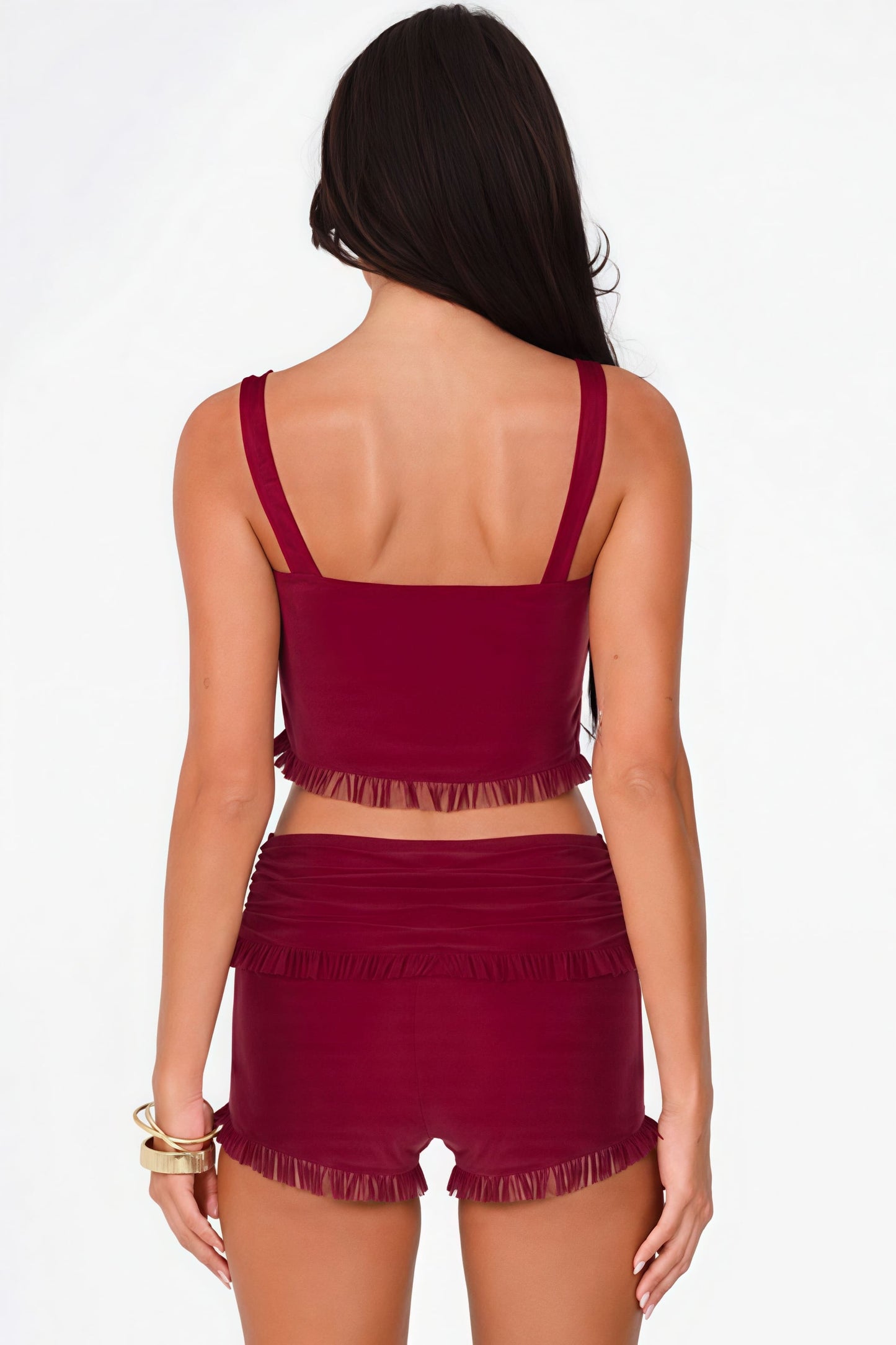 Fashion Snap Button Cami Top Slim Ruffle Shorts Skirt Set