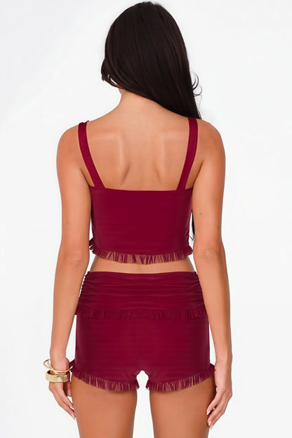 Fashion Snap Button Cami Top Slim Ruffle Shorts Skirt Set