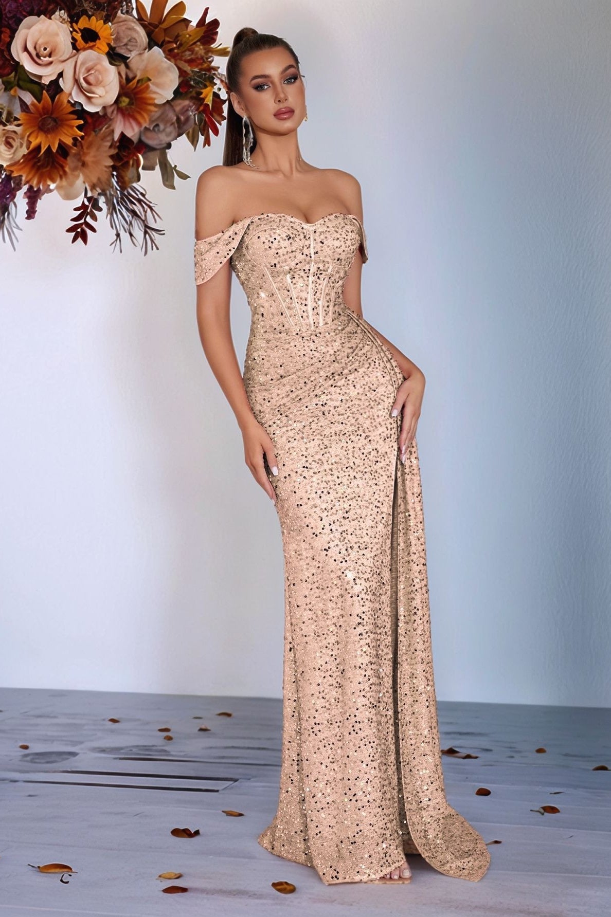 Beaded Bustier High Slit Formal Dress