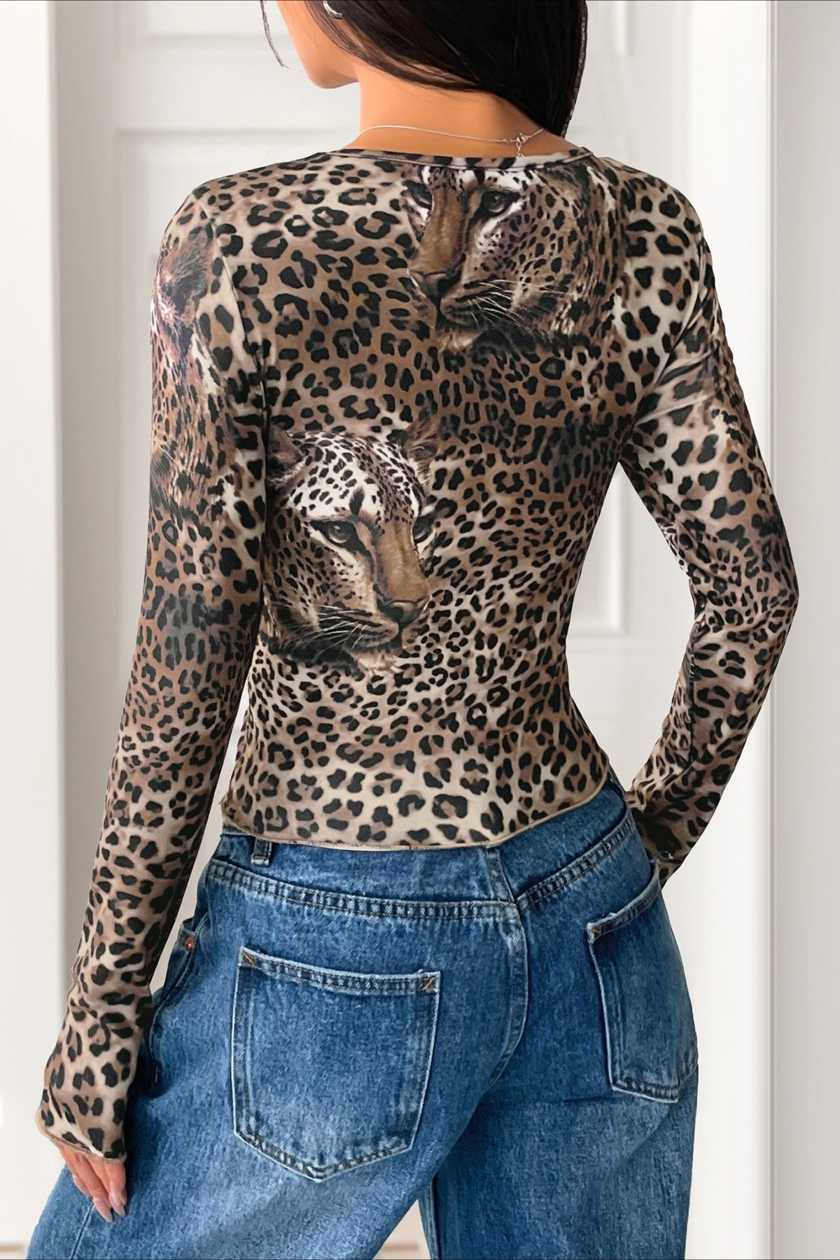 Leopard Slim Round Neck Long Sleeve Long Sleeve Tee