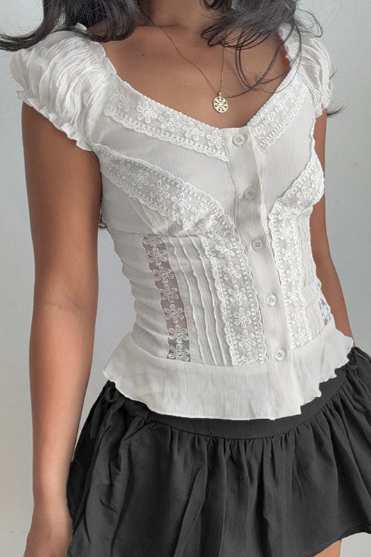 Vintage Lace V Neck Button Puff Sleeve Tank Top