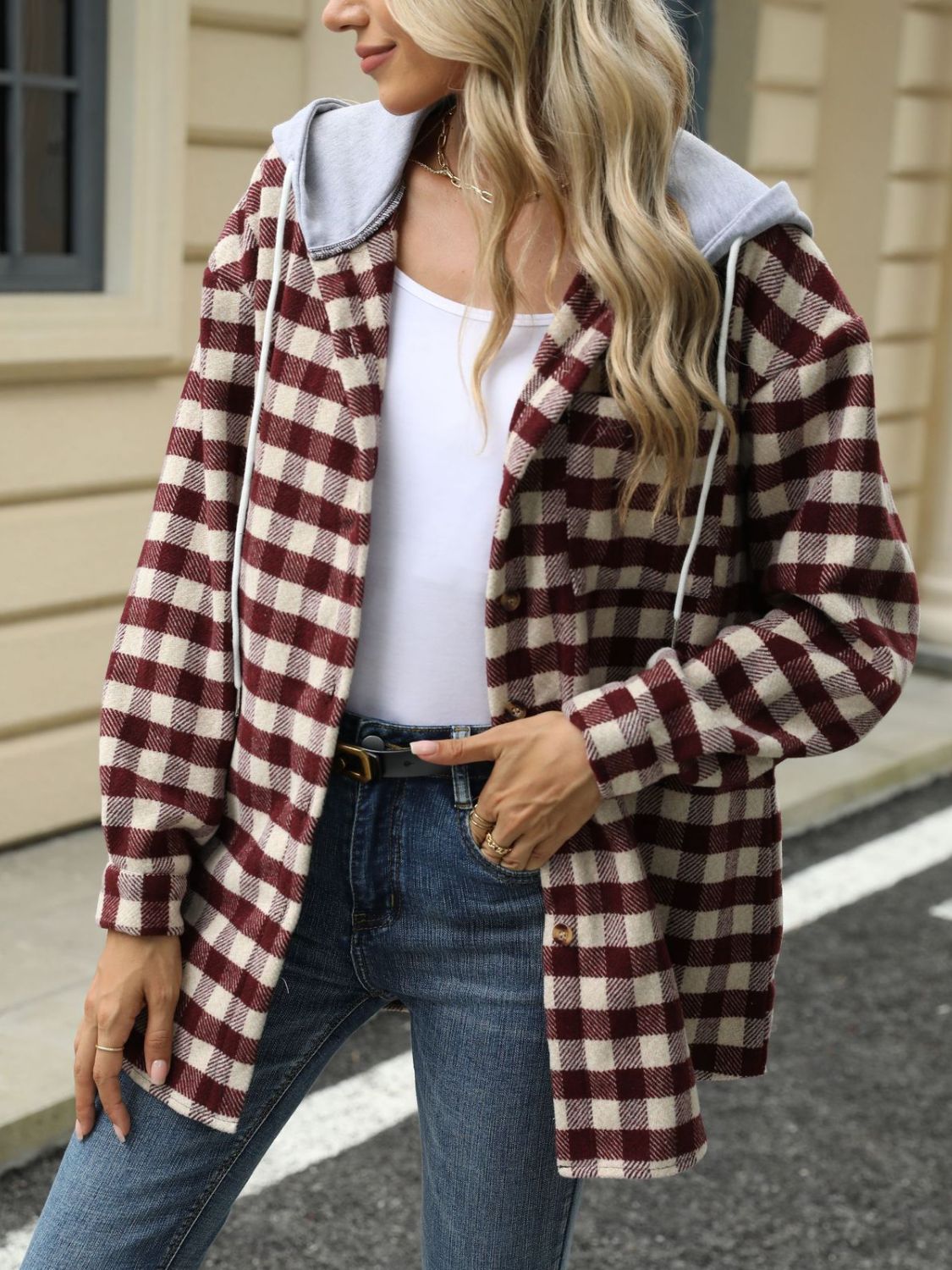 Ramona | Checked drawstring hooded jacket with long sleeves