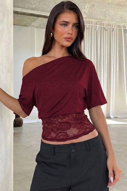Asymmetric Off Shoulder Lace Waist Slim Crop T-shirt