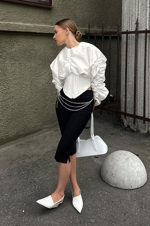 Boned Waist Loose Puff Sleeve Blouse