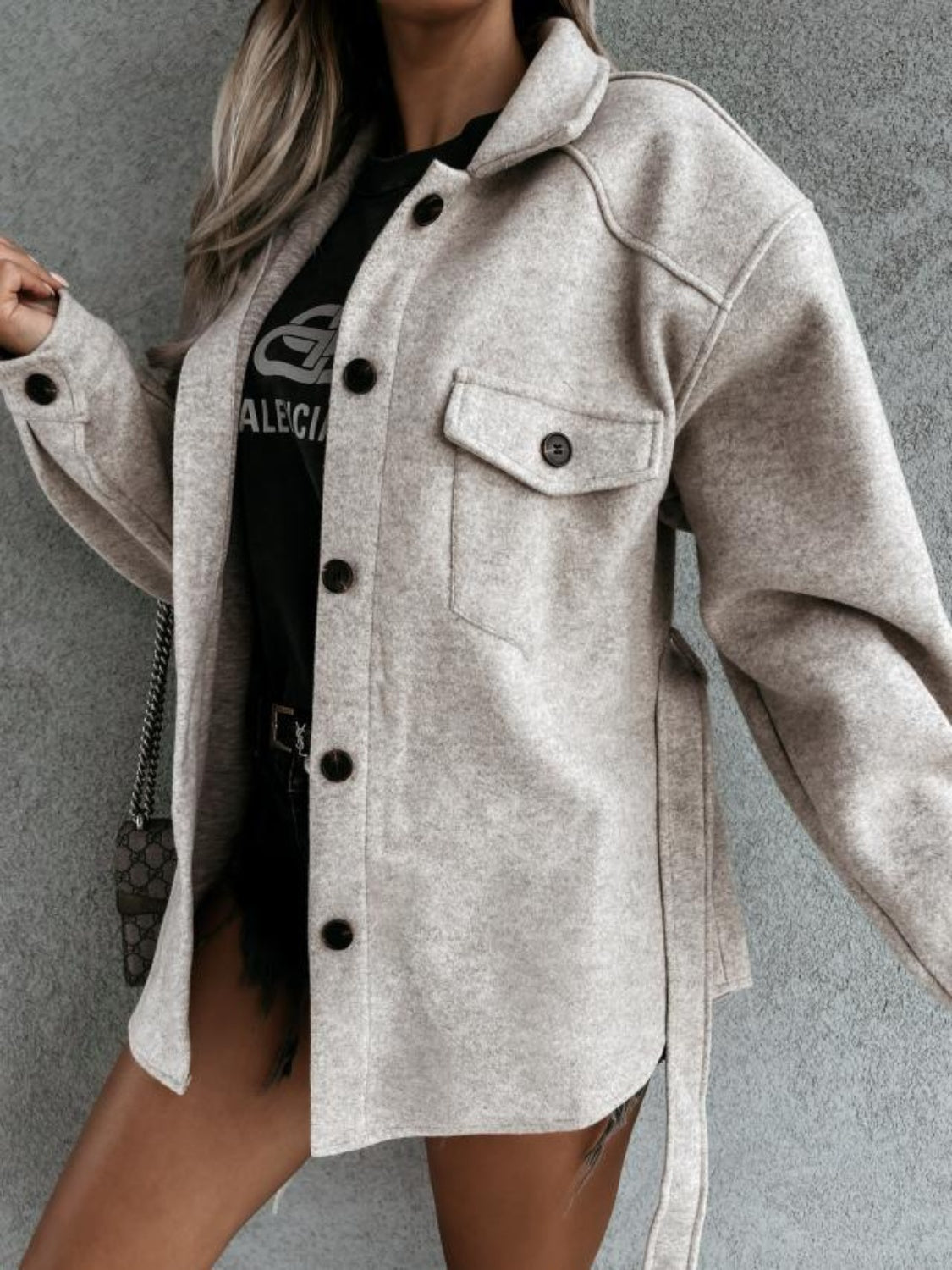 Olivia | Collared neck jacket with tied pockets and collar