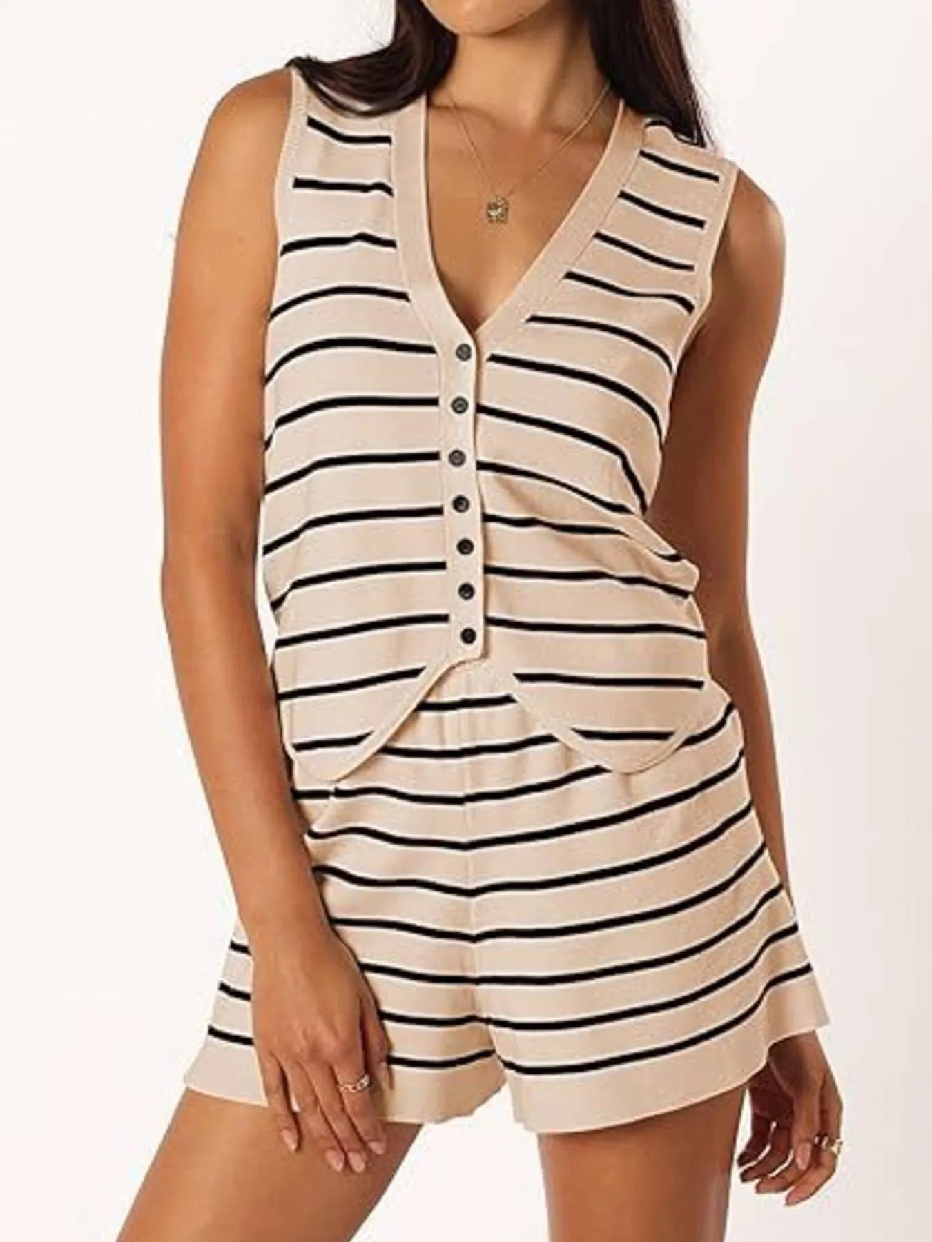 Elisa® | Casual Button-Down Striped Vest And Shorts Set