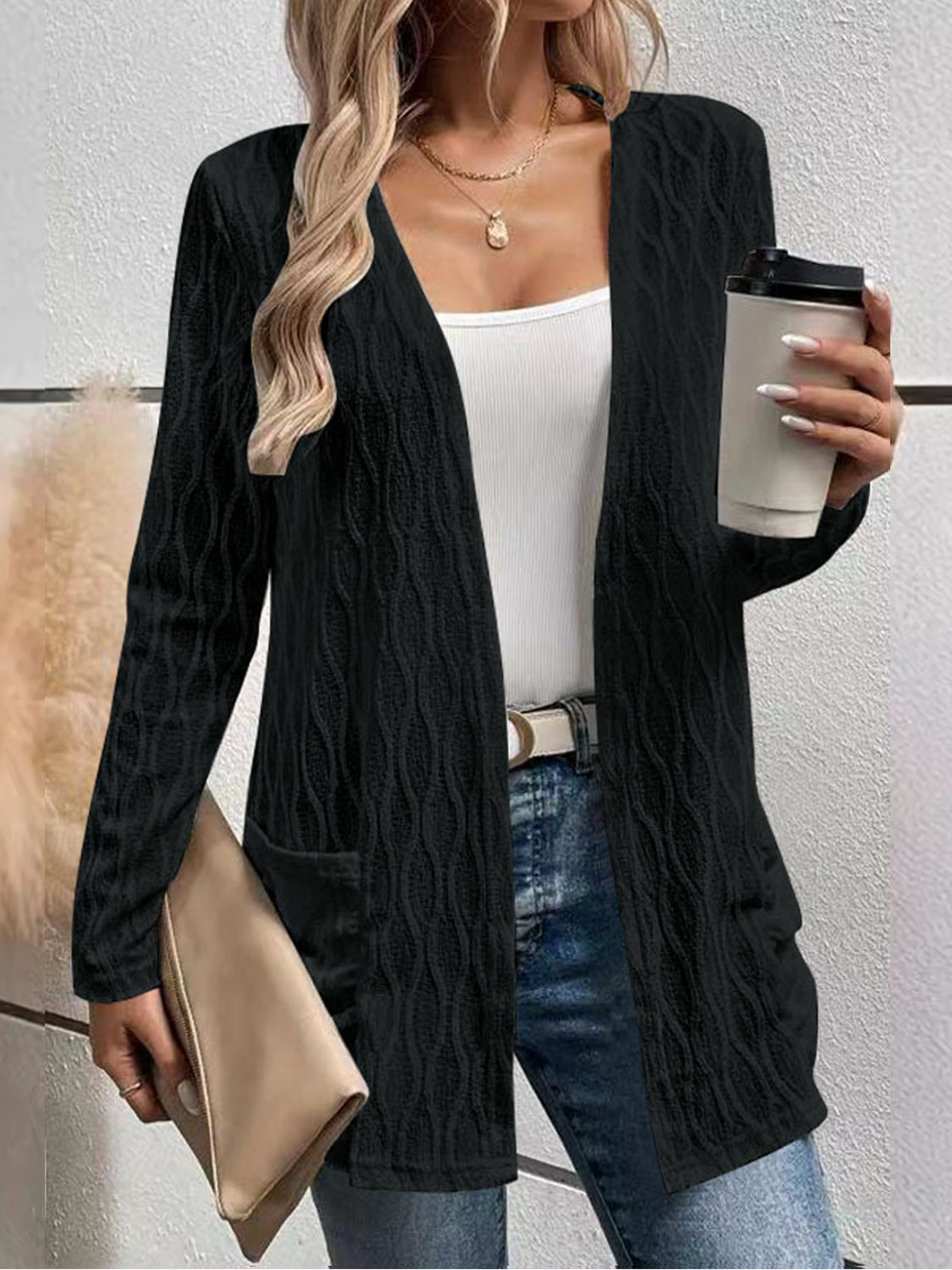 Petra | Structured, long sleeve cardigan with an open front and pockets