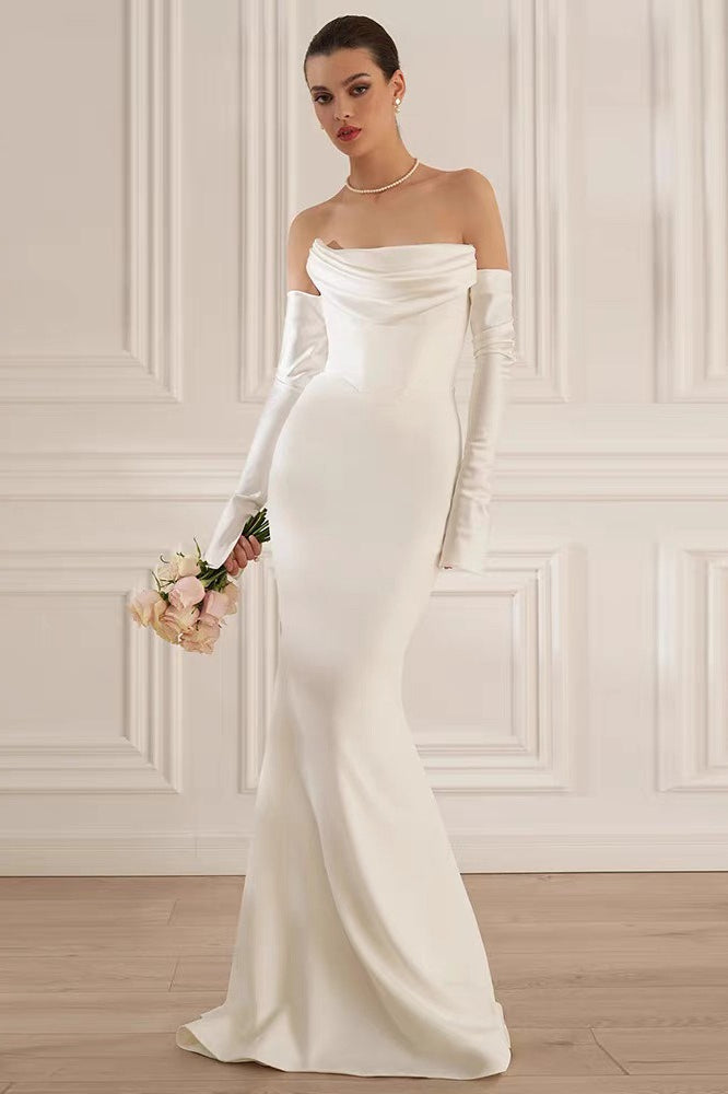 Minimalist Elegant Ruched Satin Mermaid Reception Dress