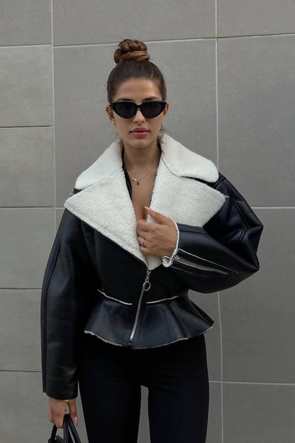 Chic Odd Zip Leather Fur Pieced Coat