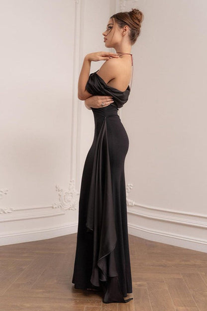 Black One Shoulder Flowy Sleeve Formal Dress