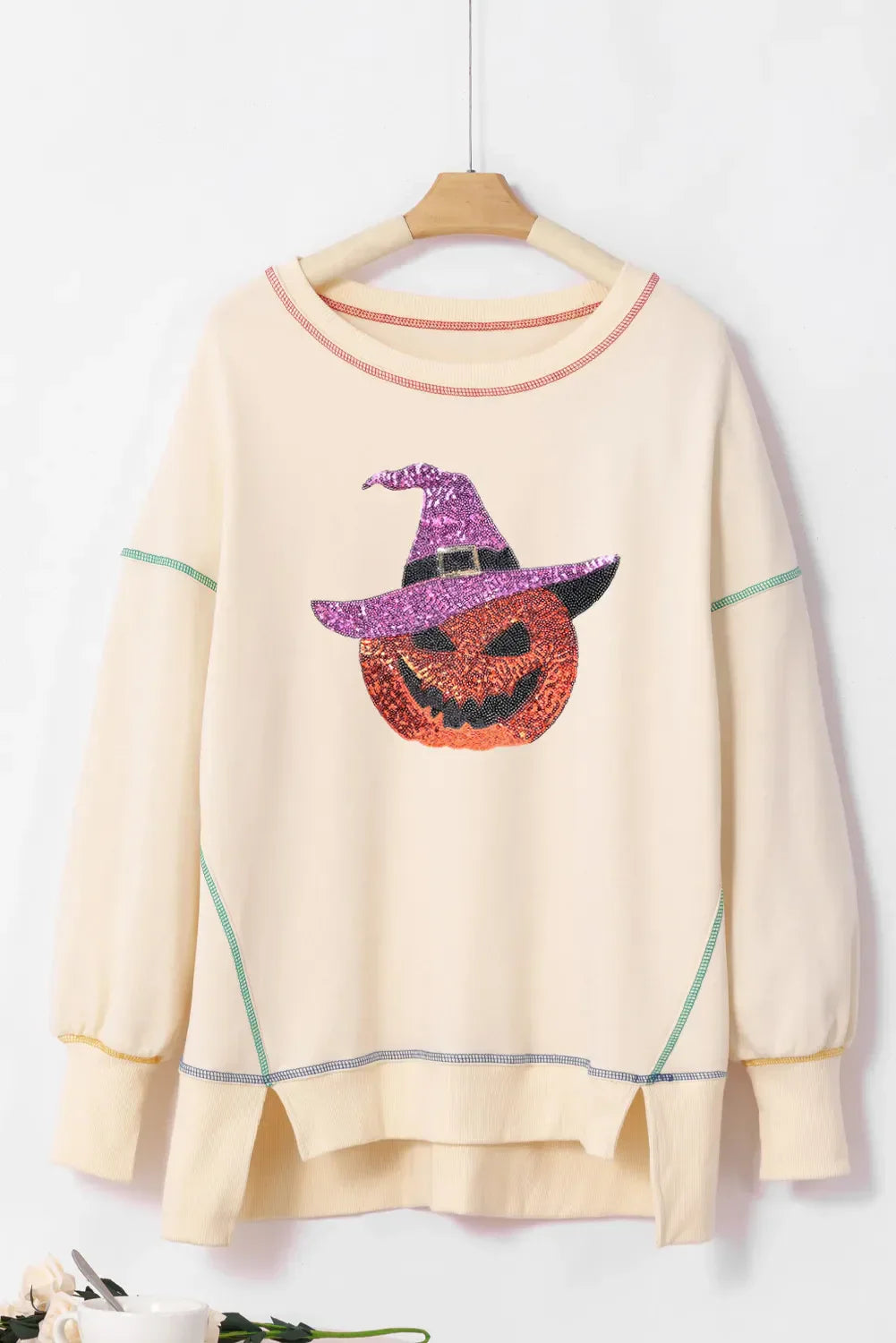 Hilda | Pumpkin crew neck long sleeve sweatshirt with sequins and contrast stitching