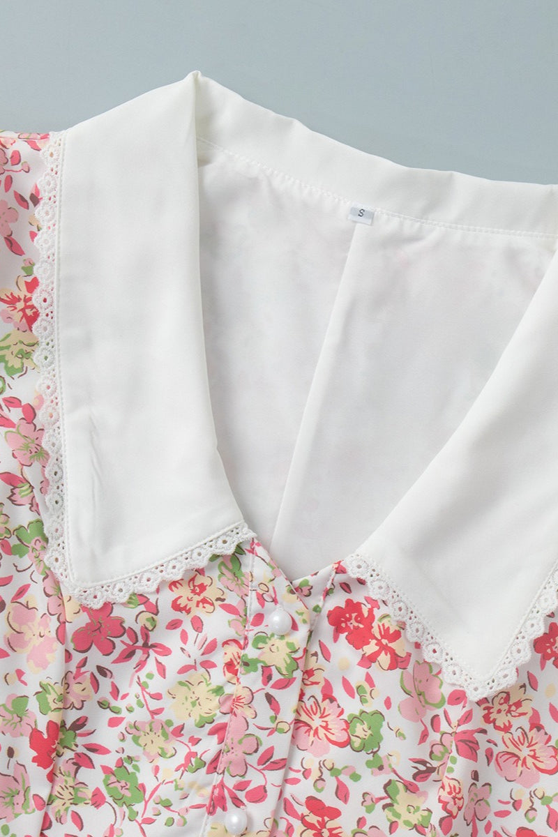 Peter Pan Collar Floral Puff Sleeve Button Mini Dress