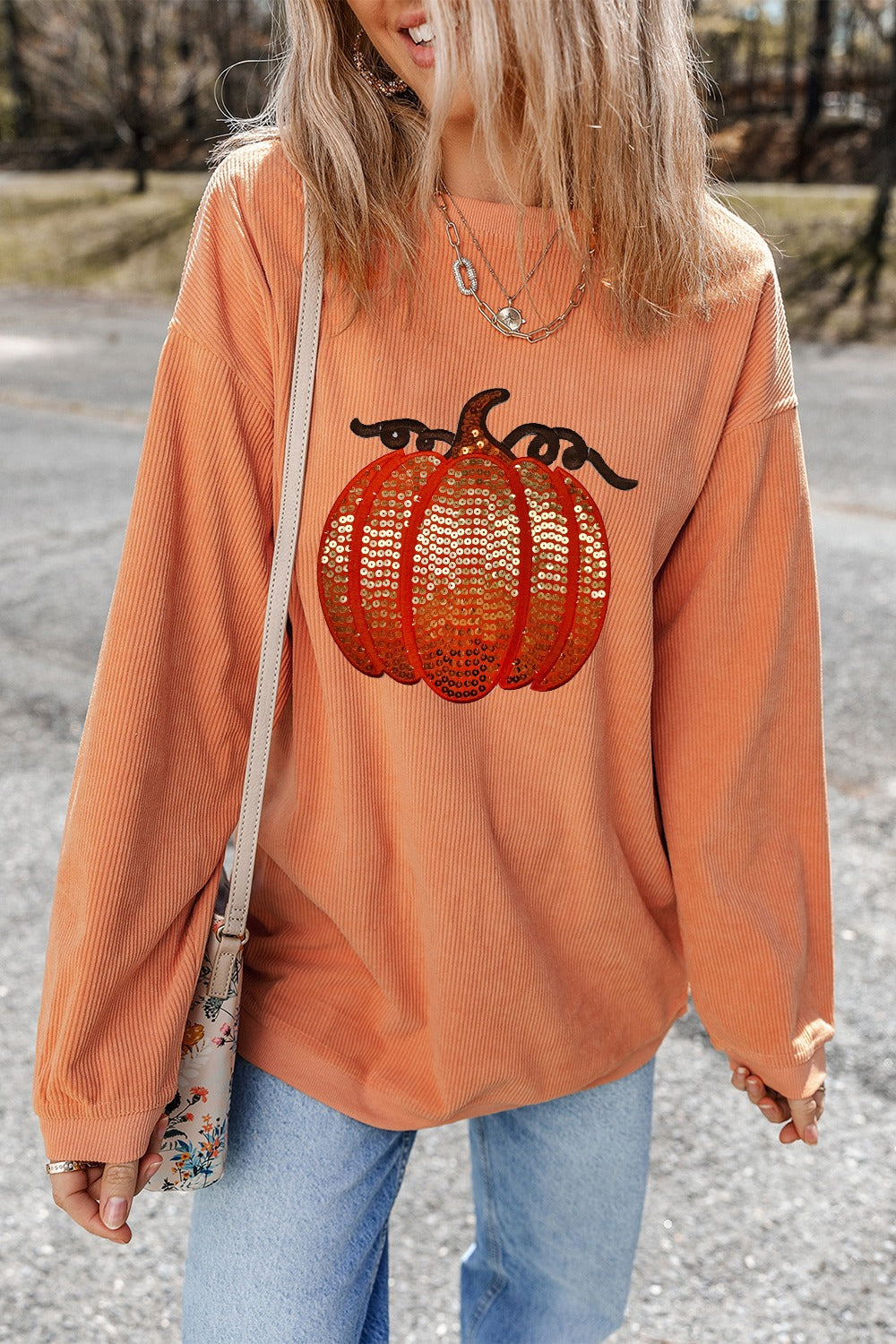 Melina | Long sleeve sequin pumpkin crew neck sweatshirt