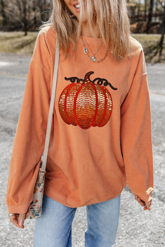 Melina | Long sleeve sequin pumpkin crew neck sweatshirt