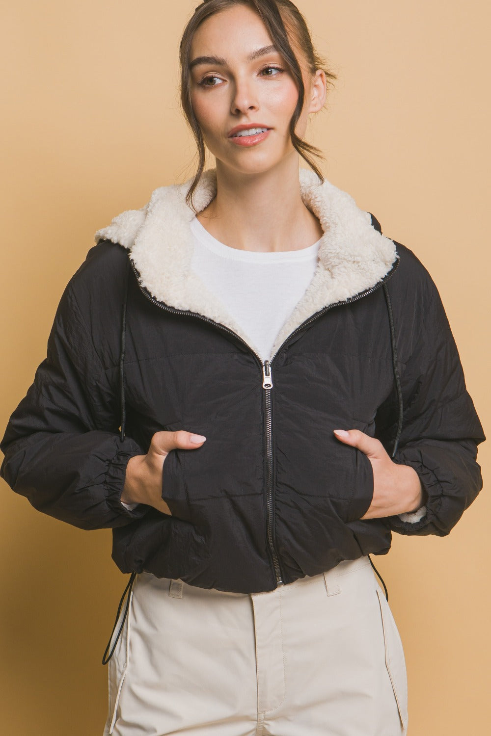 Laura | Love Tree cropped reversible hooded zip-up sherpa jacket