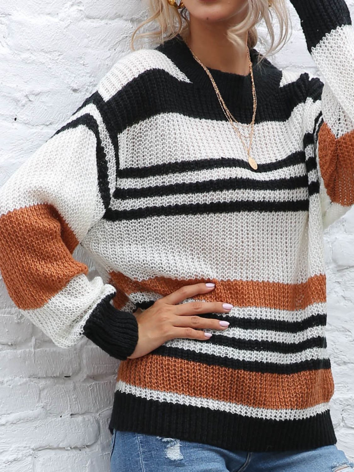 Nadine | Contrasting striped long-sleeved sweater with a crew neck