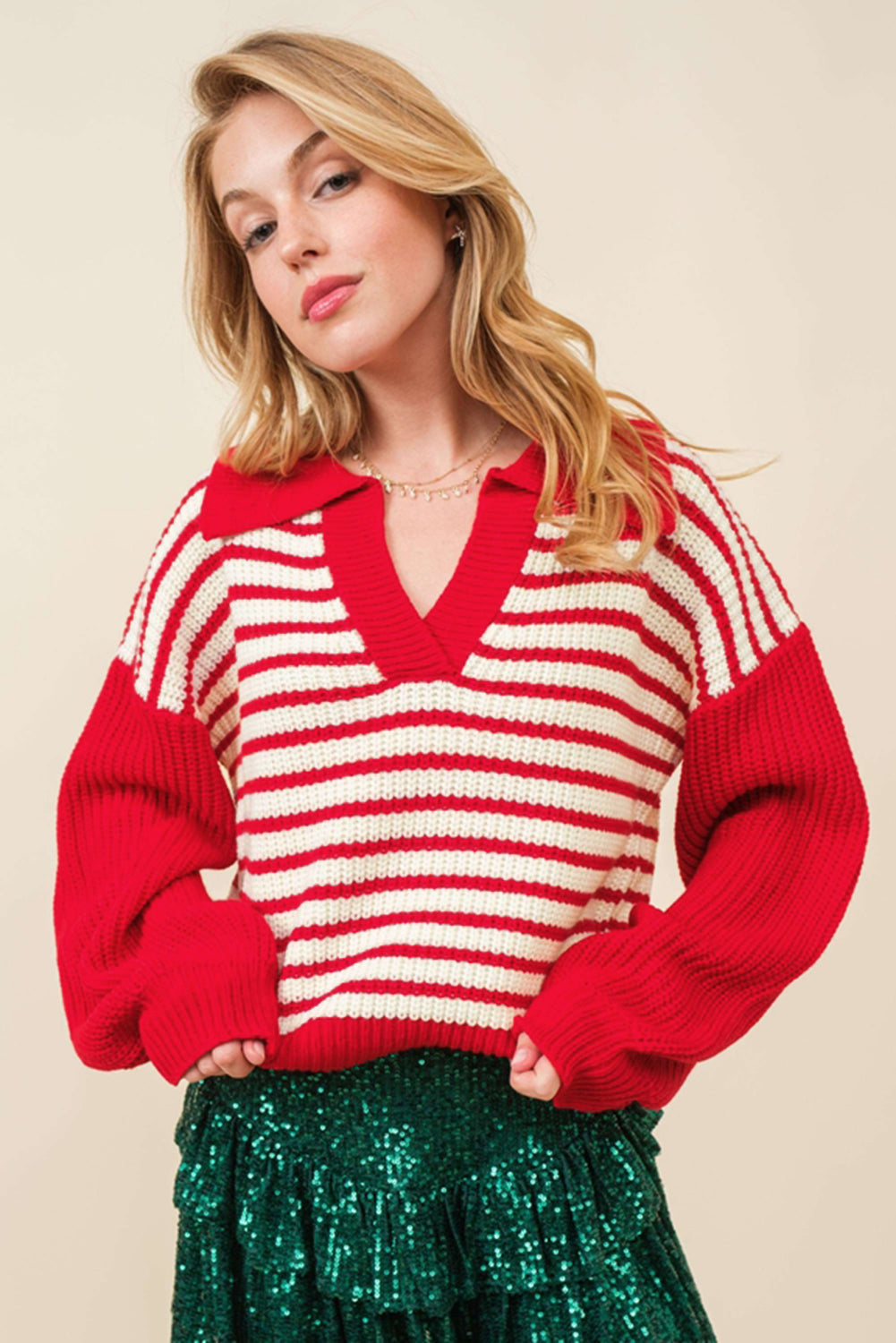 Lorena | Striped long-sleeved sweater with Johnny collar