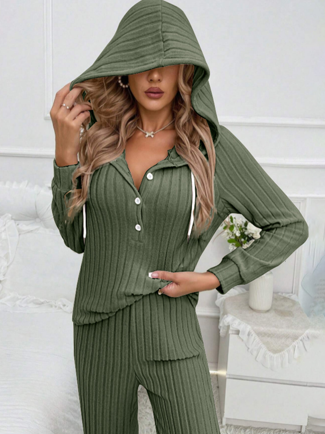 Ilona | Hooded top and ribbed drawstring half button pants set
