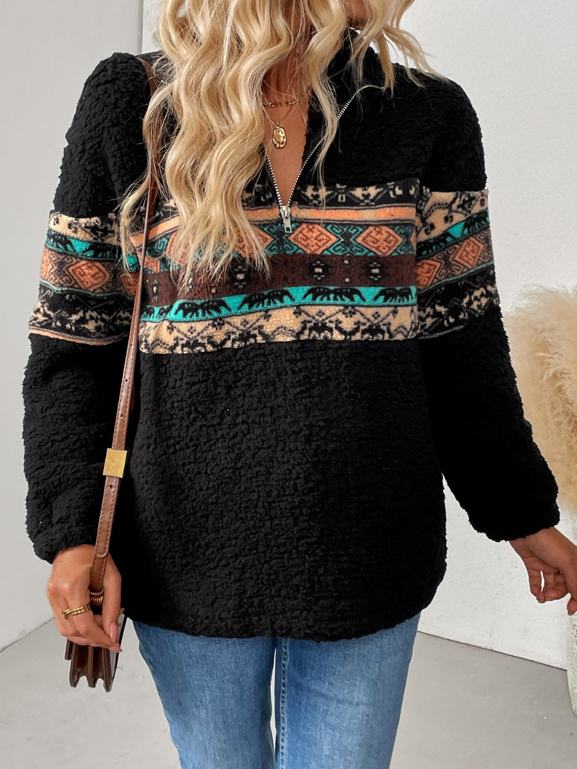Cristina | Geometric quarter zip long sleeve sweatshirt