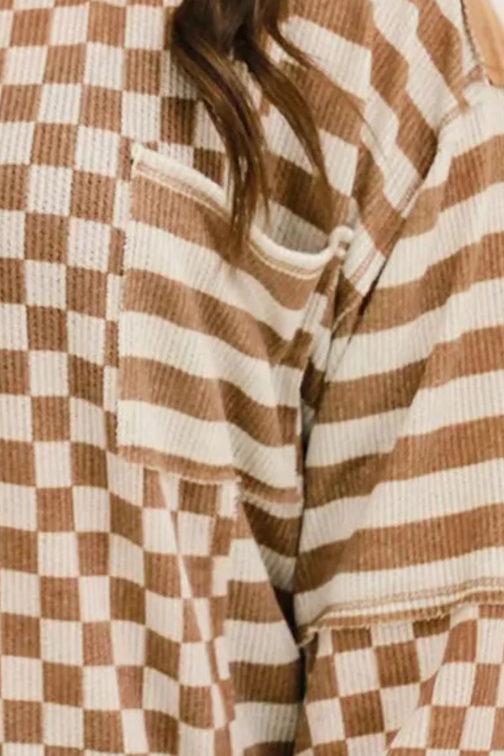 Victoria | Plus size striped check long sleeve top with round neckline