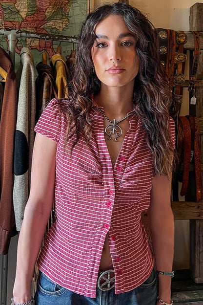 Preppy Plaid Button Down Collar Slim Blouse