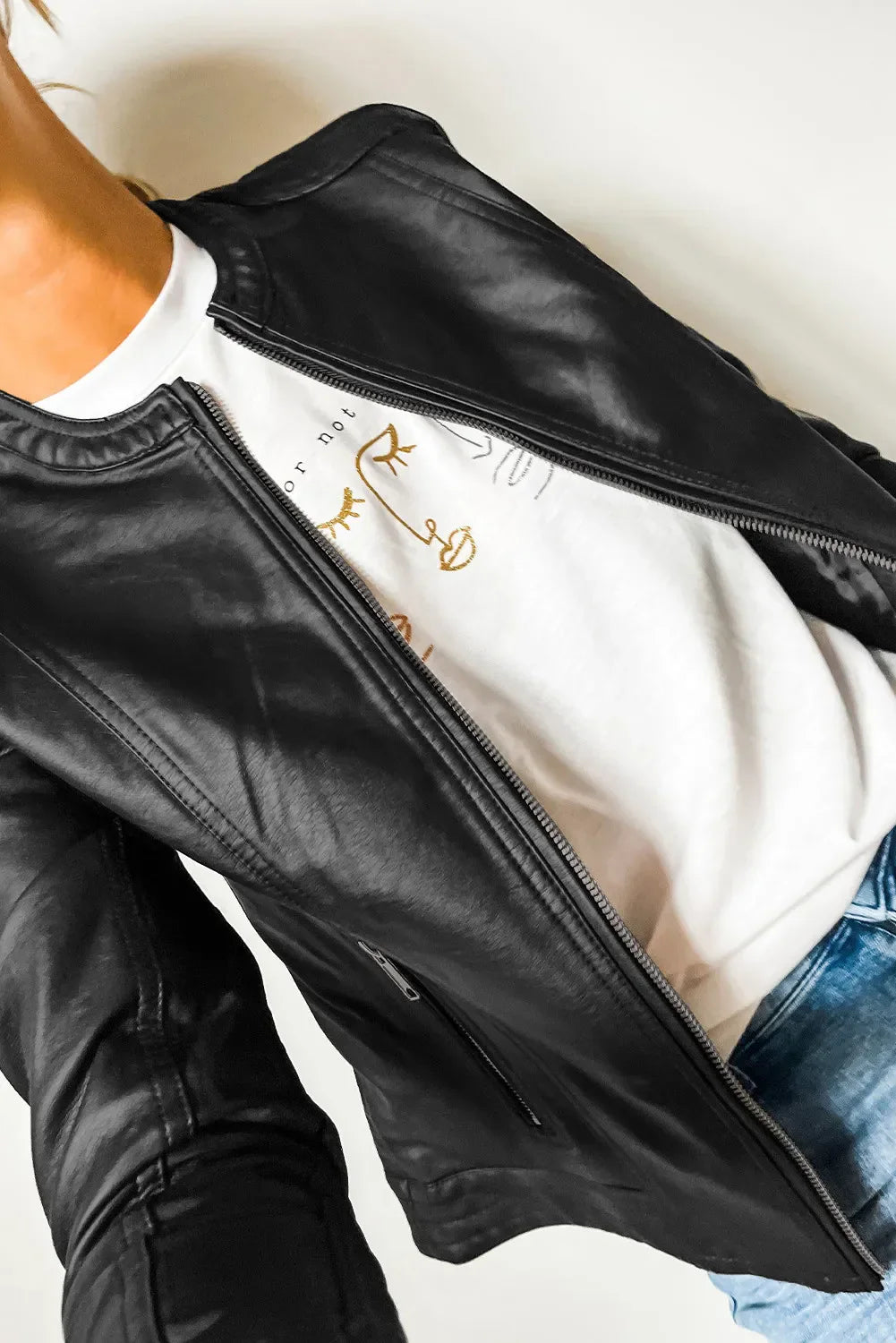Yasmina | PU leather long sleeve jacket with crew neck