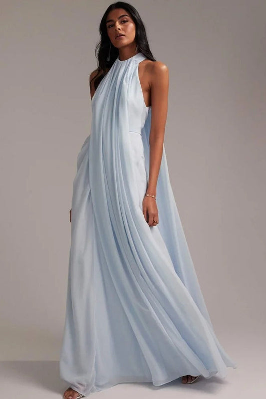 Elegant Halter Light Blue Maxi Party Dress