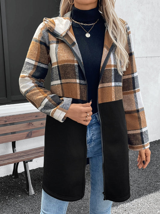 Hana | Checked long sleeve hooded outerwear with zip fastening
