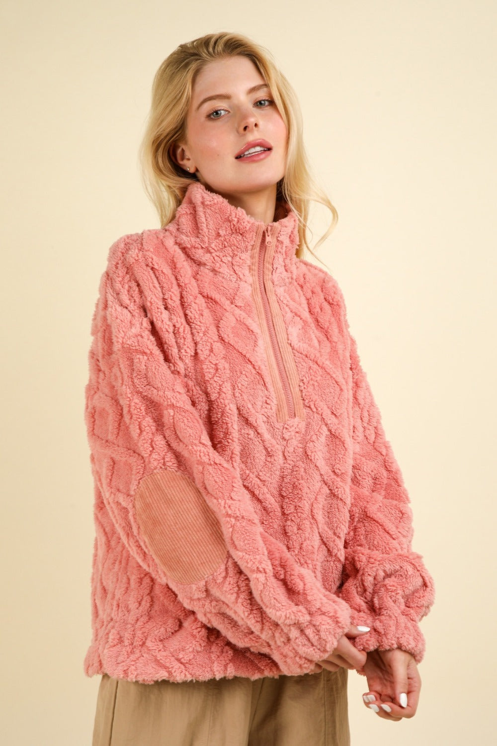 Eva | Fluffy cable knit fleece half zip sweatshirt