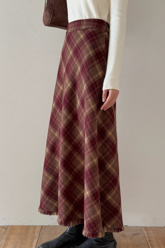 Red Plaid Wool Bodycon Skirt