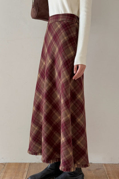 Red Plaid Wool Bodycon Skirt