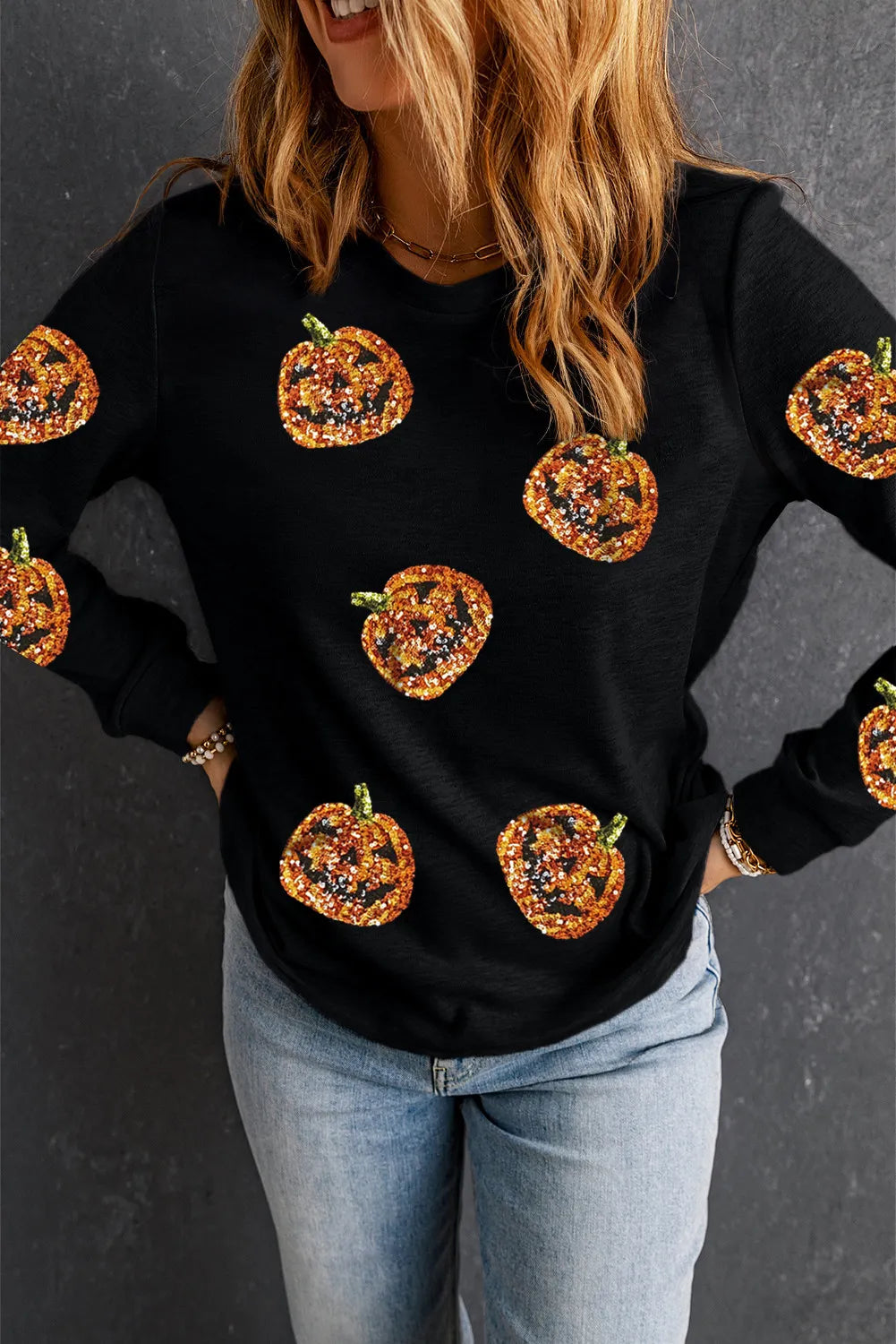 Janine | Sequin pumpkin long sleeve crew neck top