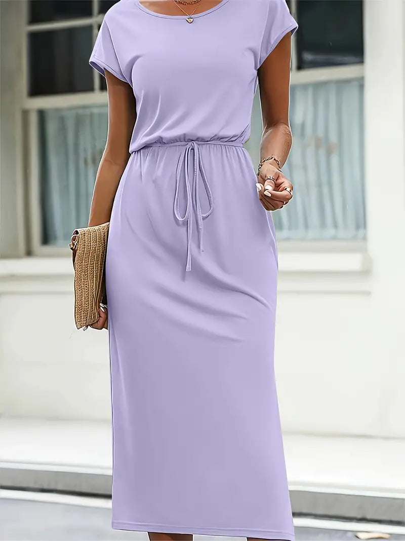 Hazel® | Casual Short-Sleeved Round-Neck Dress With Self-Tie Belt