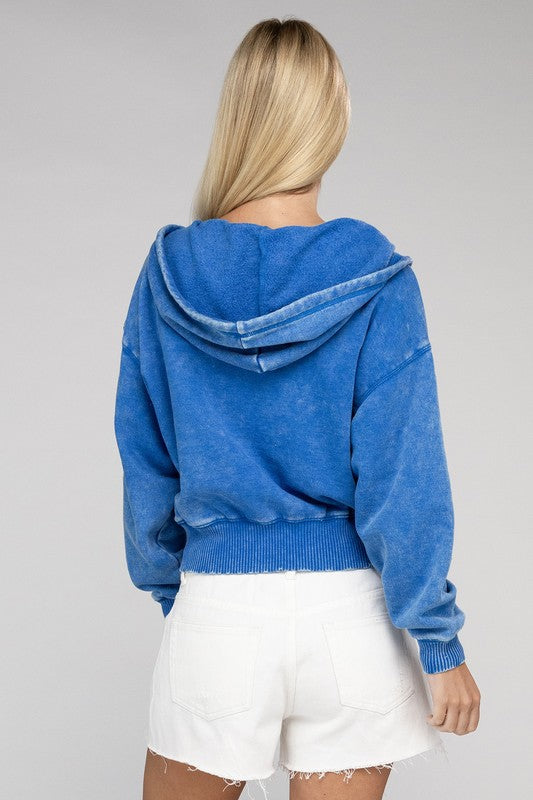 Fabiana | Cropped acid wash fleece zip-up hoodie