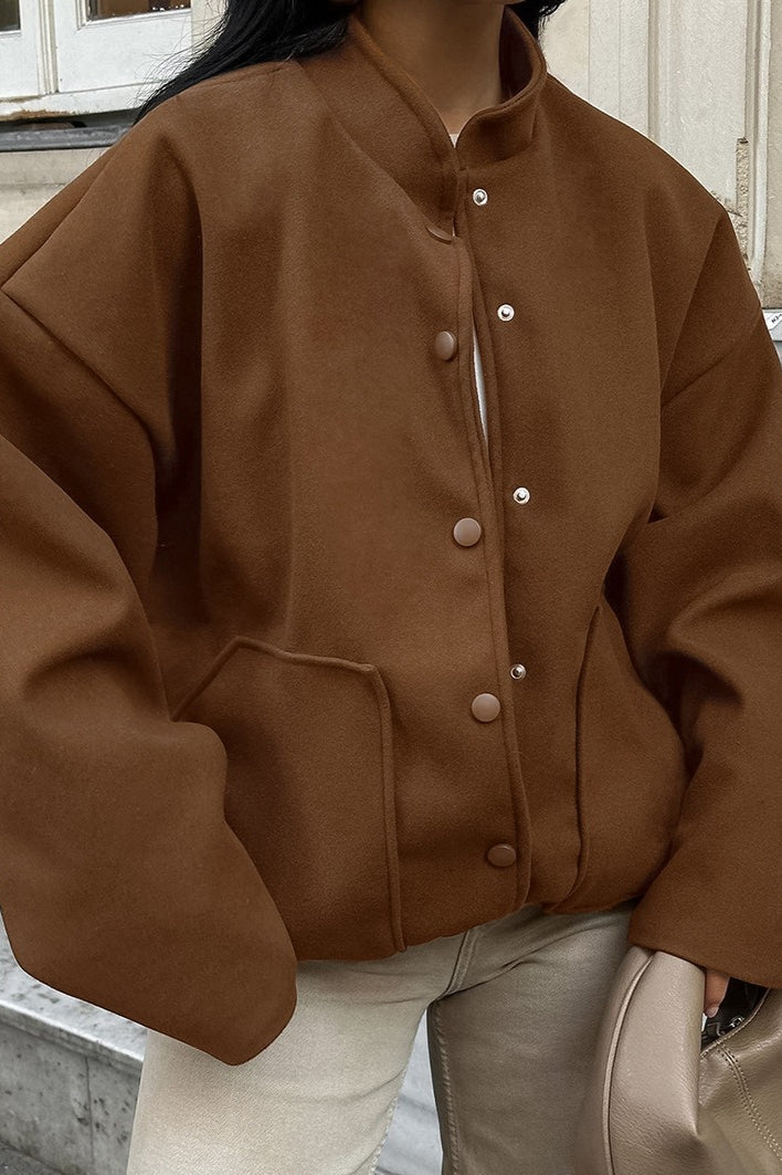 rown Woolen Stand Collar Jacket