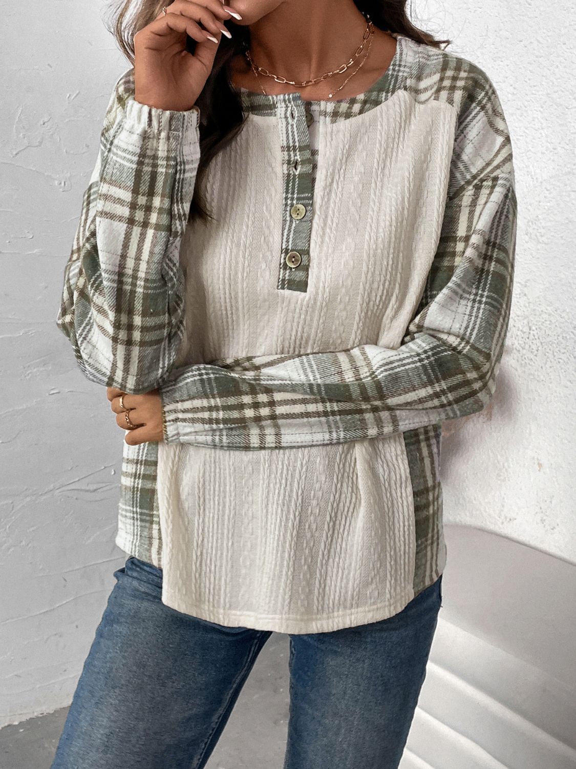 Felicidad | Perfee checked long sleeve half button t-shirt