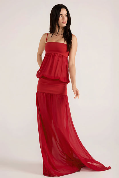 Sexy Patchwork Sheer Solid Cami Maxi Dress