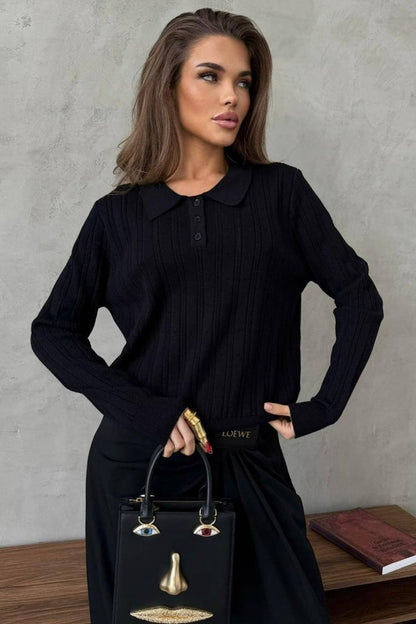 Jacquard Polo Collar Long Sleeve Loose Blouse