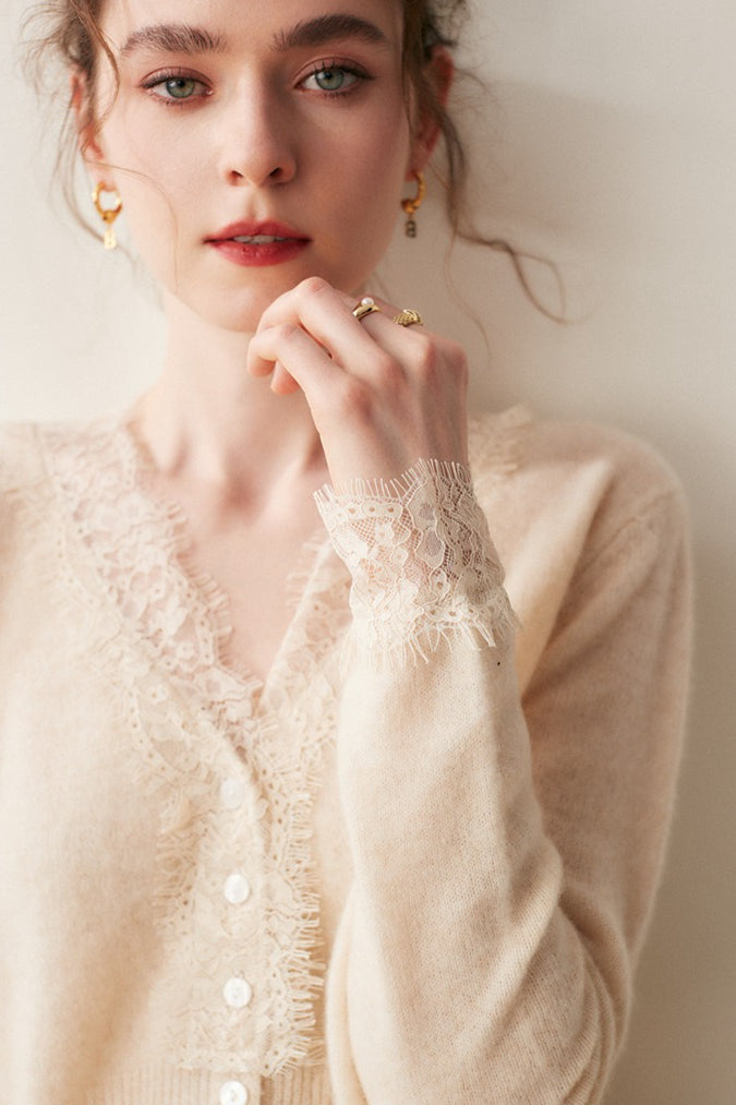 Cashmere Lace-Trimmed V-Neck Knit Cardigan