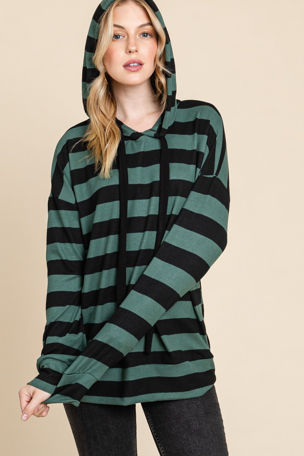 Antonella | BOMBOM drawstring hoodie with stripes and low shoulders