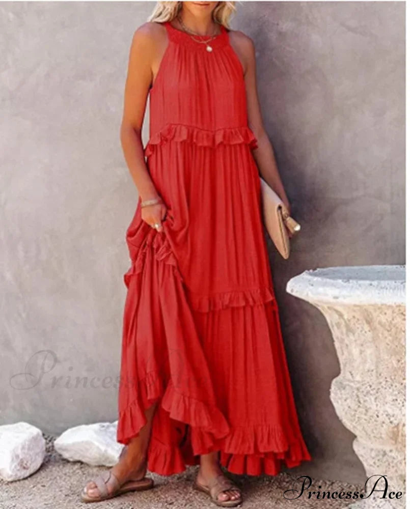 Casual Elegant Ruffle Halter Sleeveless Classic Female Party Outfits Beach Maxi Dress