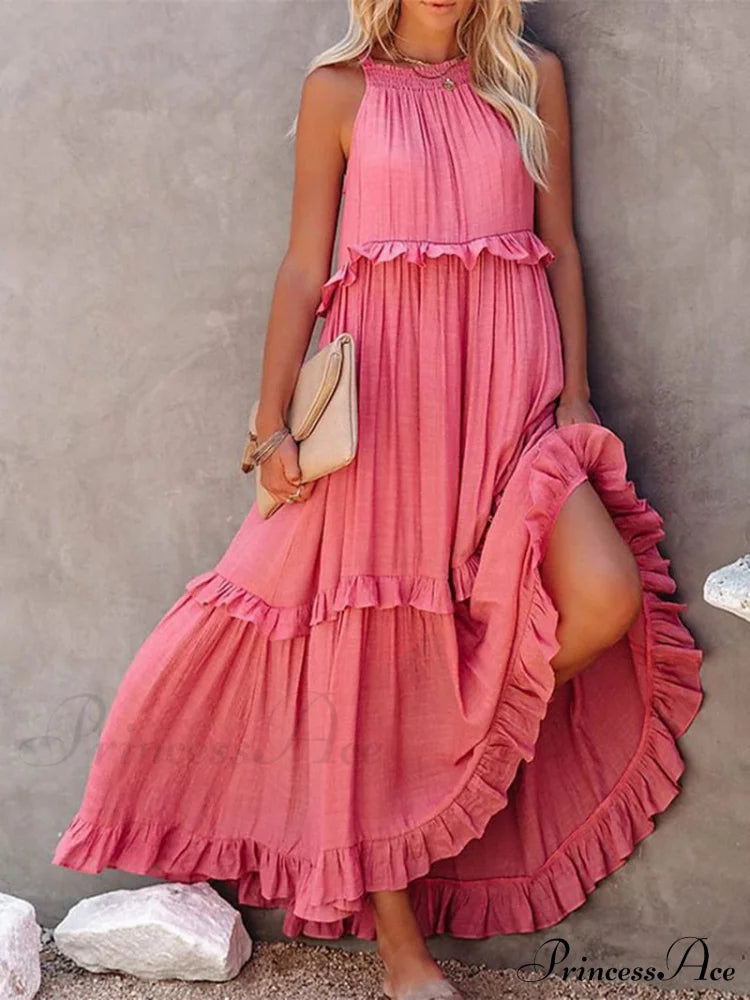 Casual Elegant Ruffle Halter Sleeveless Classic Female Party Outfits Beach Maxi Dress
