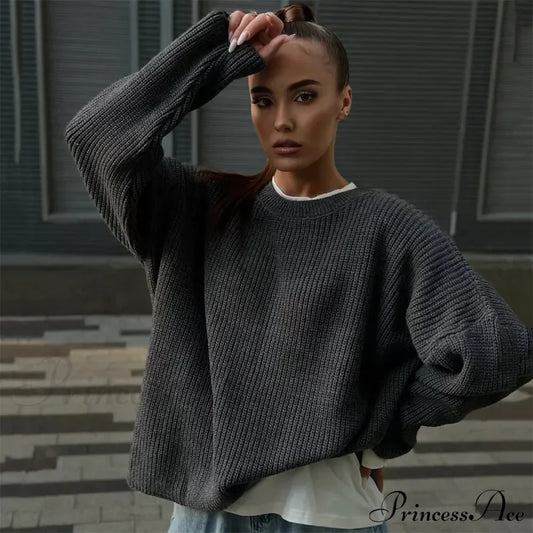 Casual Elegant Striped Cozy Oversize Autumnal Gray Fashionable Sweater