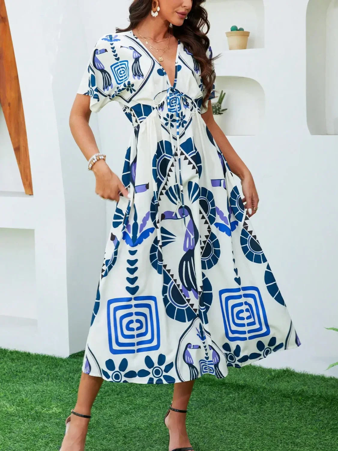 Casual High Waist V-neck Boho Floral Dress