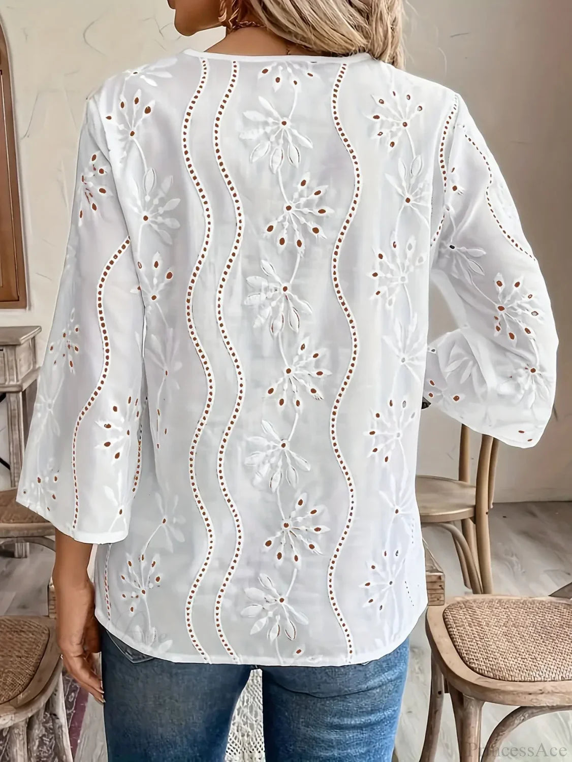 Casual Loose V-neck Lace Splicing White Blouse
