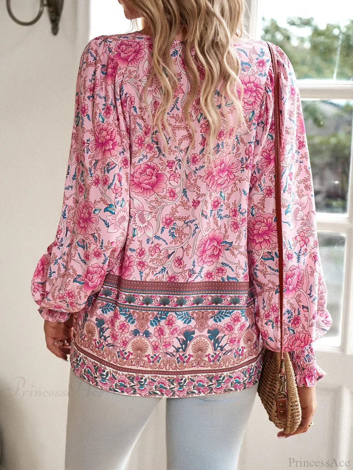 Casual V-Neck Floral Print Long Sleeve Boho Blouse